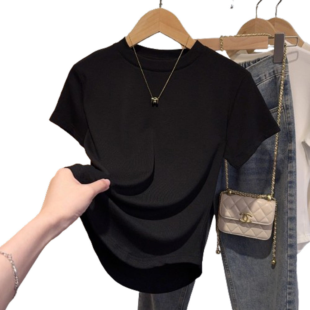 Short-sleeved T-shirt women's summer 2025 black small crew neck threaded waist slim-fitting versatile foreign-style top bottoming shirt