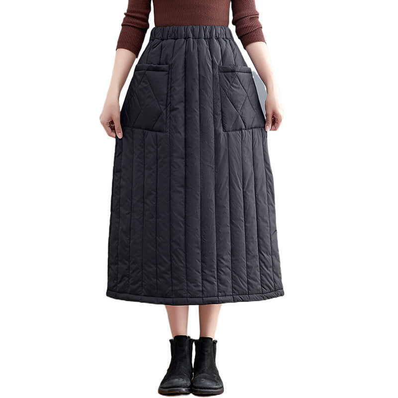 Real shot 2024 winter new casual solid color thickened cotton skirt skirt women's medium and long windshield skirt #3499