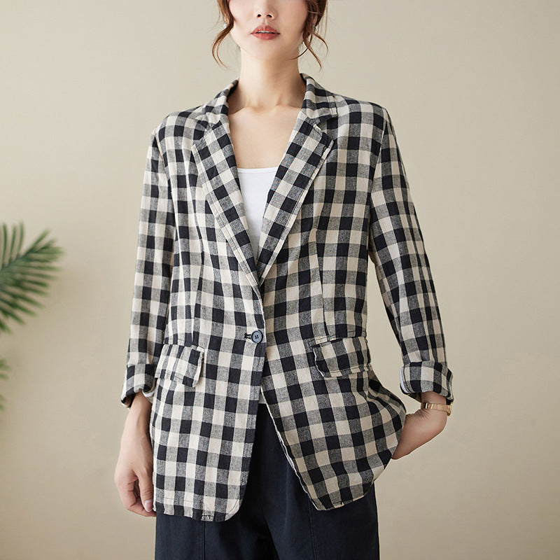 Real shot 2025 autumn literary and retro cotton and linen plaid jacket women's thin casual suit short top