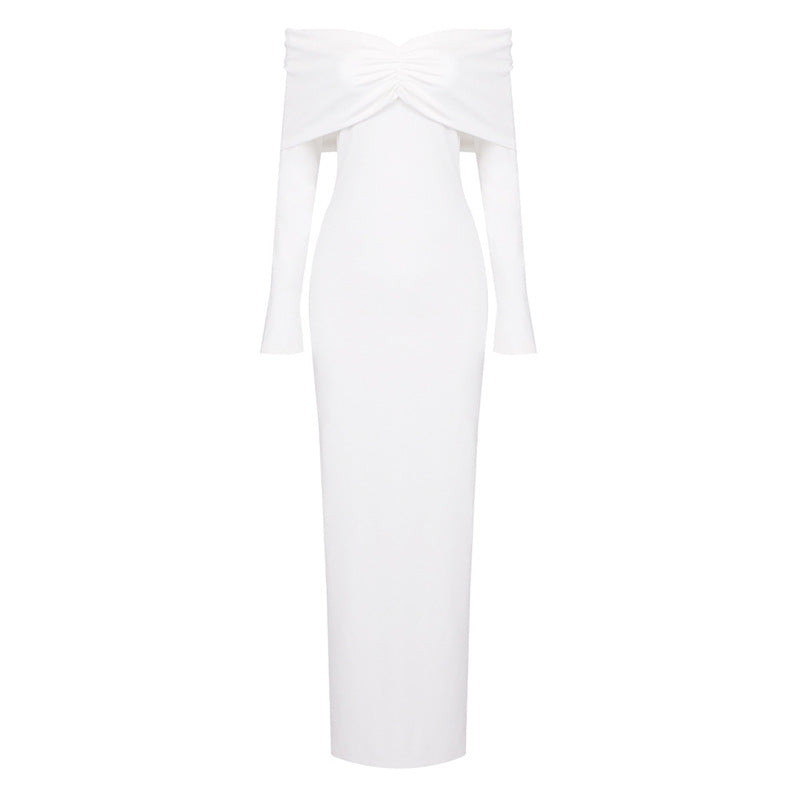 Cross-border white short sleeves, long sleeves, off-the-shoulder bandeau suppression pleated dresses, long skirts, European and American dresses, elegant and slim