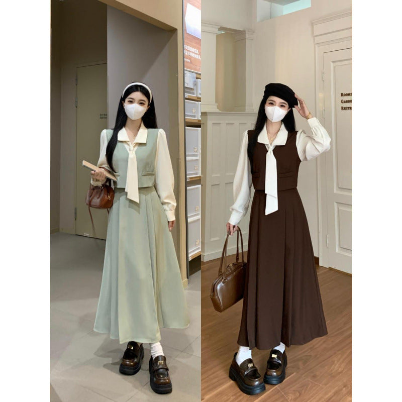 2025 new French long-sleeved dress women's early autumn is unique and beautiful, fake two gentle style temperament long skirts