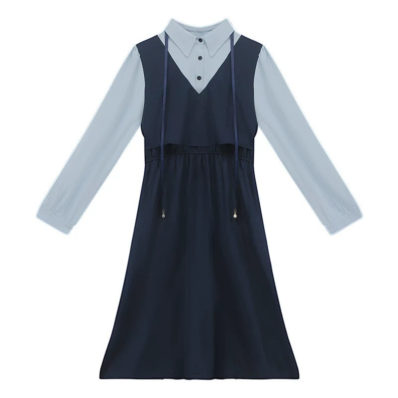 Plus size women's fake two-piece dress women's autumn new fat mm French retro design temperament slim long skirt