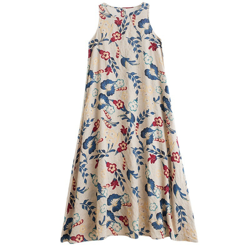 Real shot 2023 summer new literary loose cotton and linen printing round neck sleeveless dress women's medium and long #8607