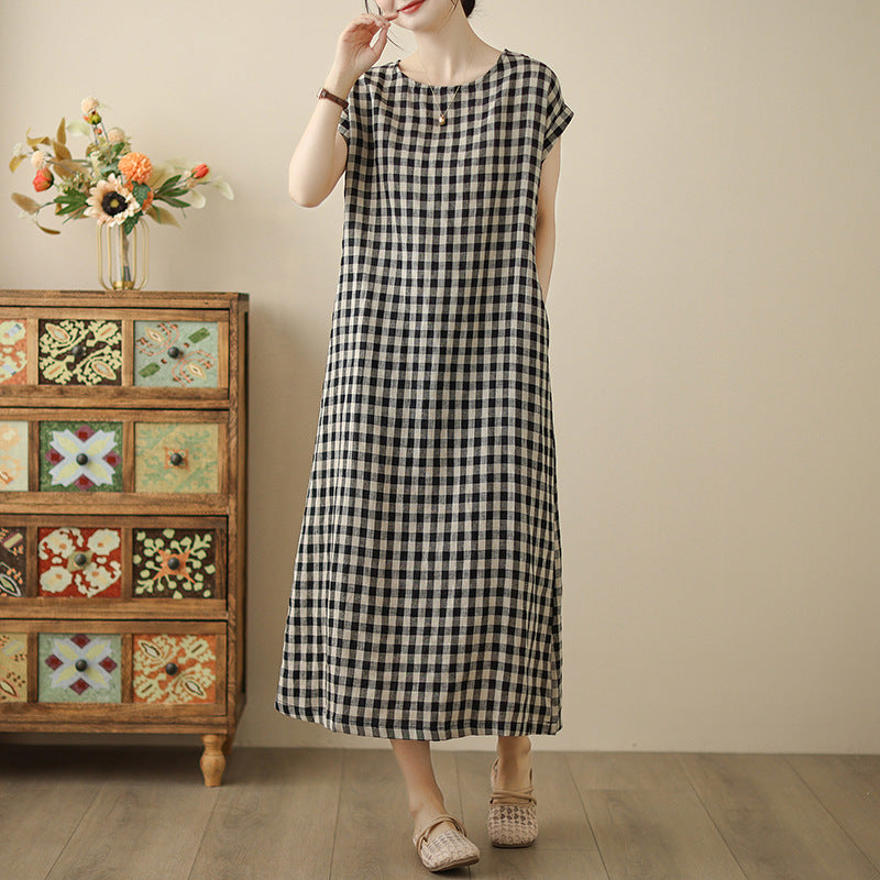 In the summer of 2025, the new cotton and linen plaid literary and loose casual medium and long dresses women's clothing
