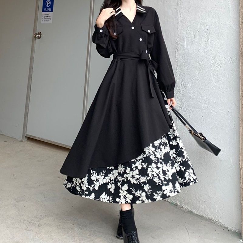French retro design knee-length skirt autumn and winter large size waist splicing floral pendulum irregular dress