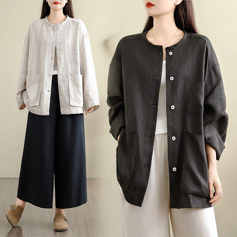 Real shot 2025 autumn new cotton and linen literary loose tooling round neck simple casual top jacket women