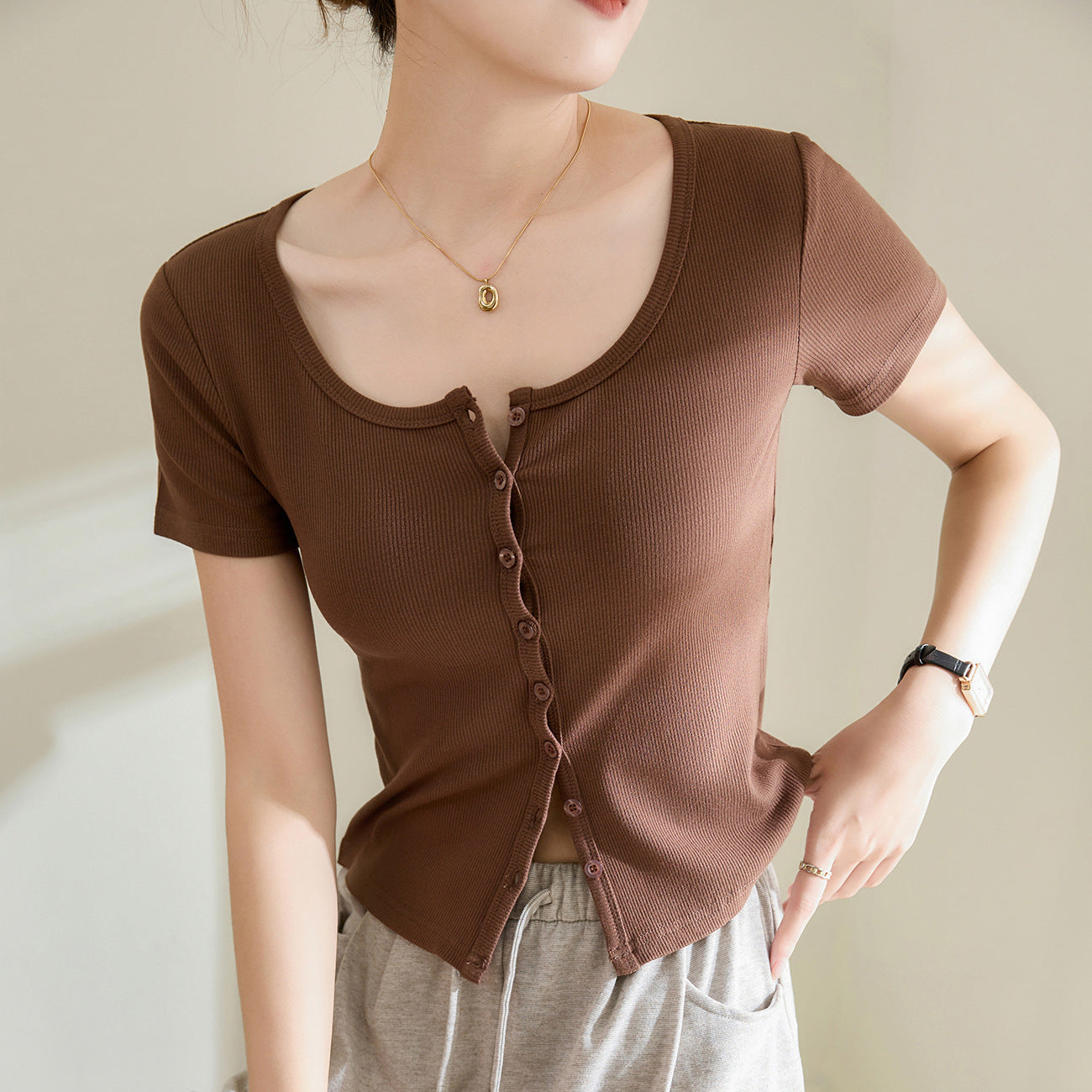 [High quality] Single-breasted button-up T-shirt women's short-sleeved 2026 summer new threaded cotton high-waisted short top