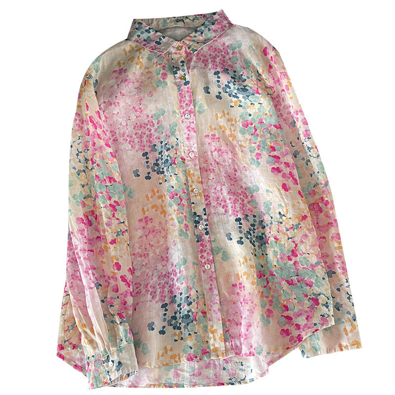 Real shot 2025 autumn new literary loose cotton and linen printed lapel long-sleeved shirt blouse top #9011