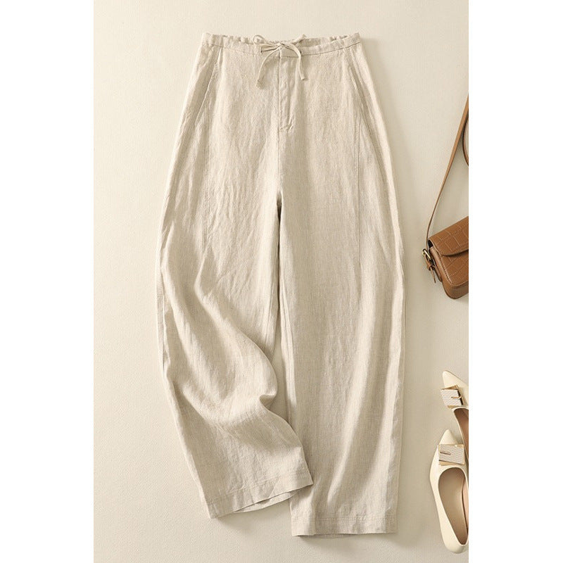 Real shot 2025 summer thin cotton and linen literary loose drape and thin casual pants