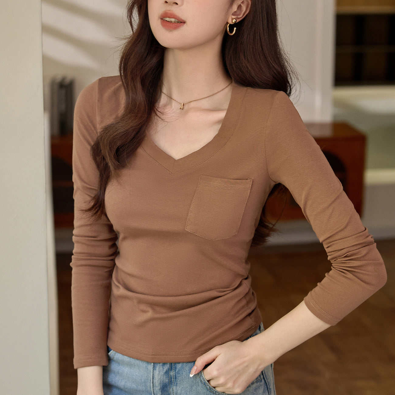 #Selection of pure cotton #Premium sense V-neck bottoming shirt women's long-sleeved t-shirt 2026 autumn new slim-fitting and thin top