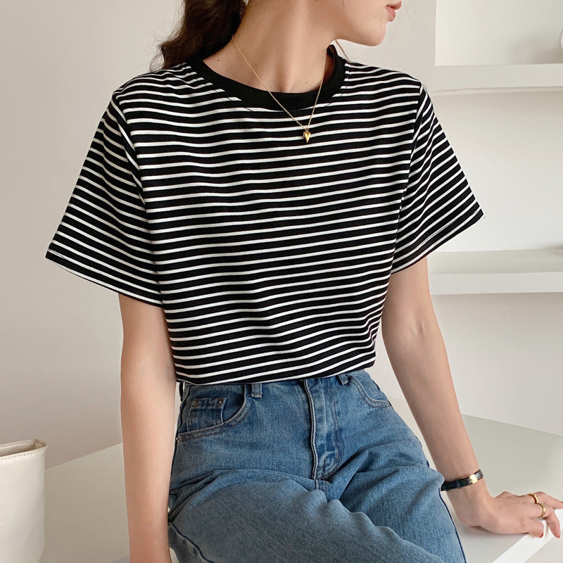High-quality pure cotton striped T-shirt bottoming shirt women's short-sleeved 2026 summer new loose and thin versatile crew neck top