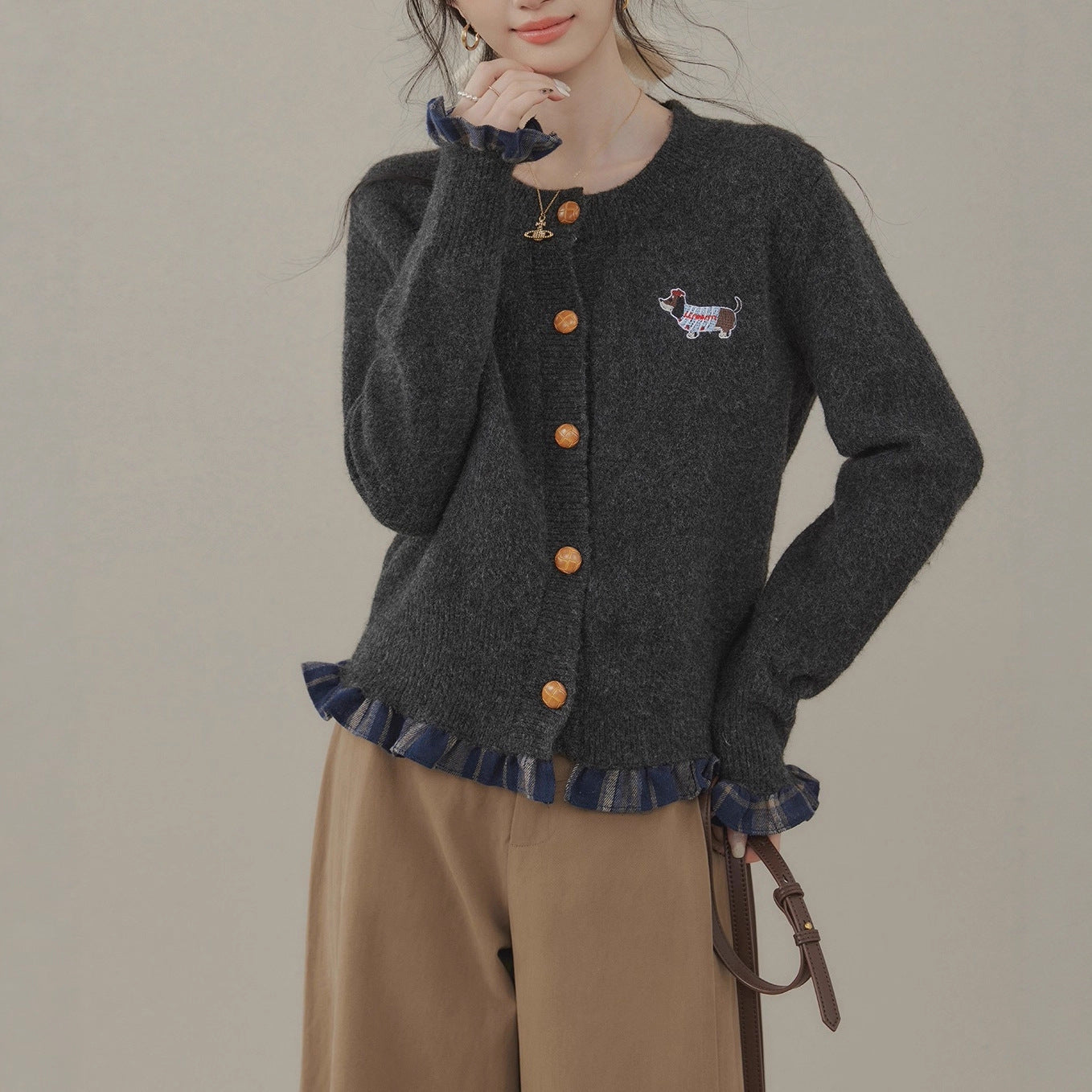 Slightly fat "Puppy Diary" gray splicing fat mm knitted sweater women's new lazy cardigan sweater women's top