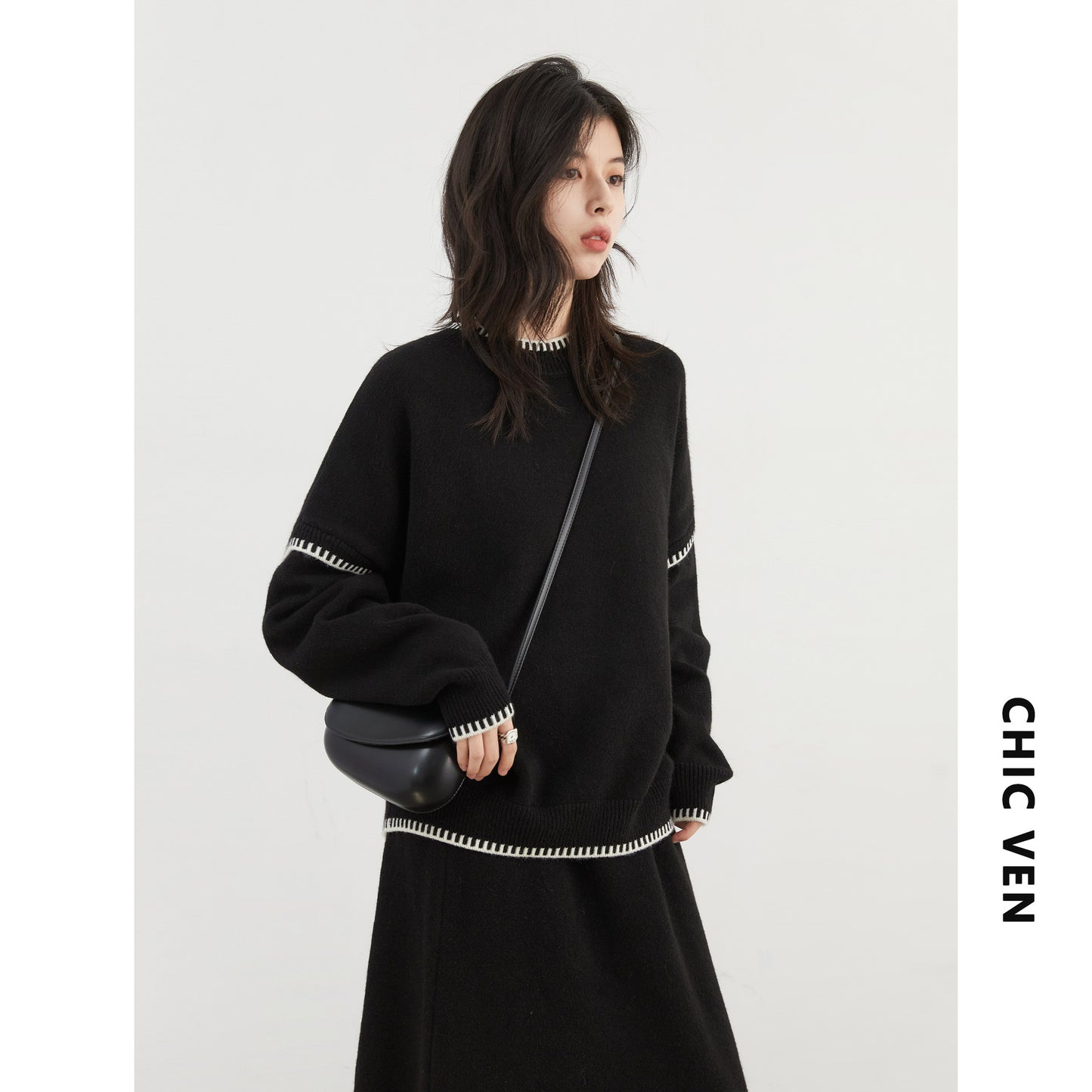 CHICVEN "Free Run" Winter New Lazy Crew Neck Contrasting Edge Sweater Knitted Skirt Set