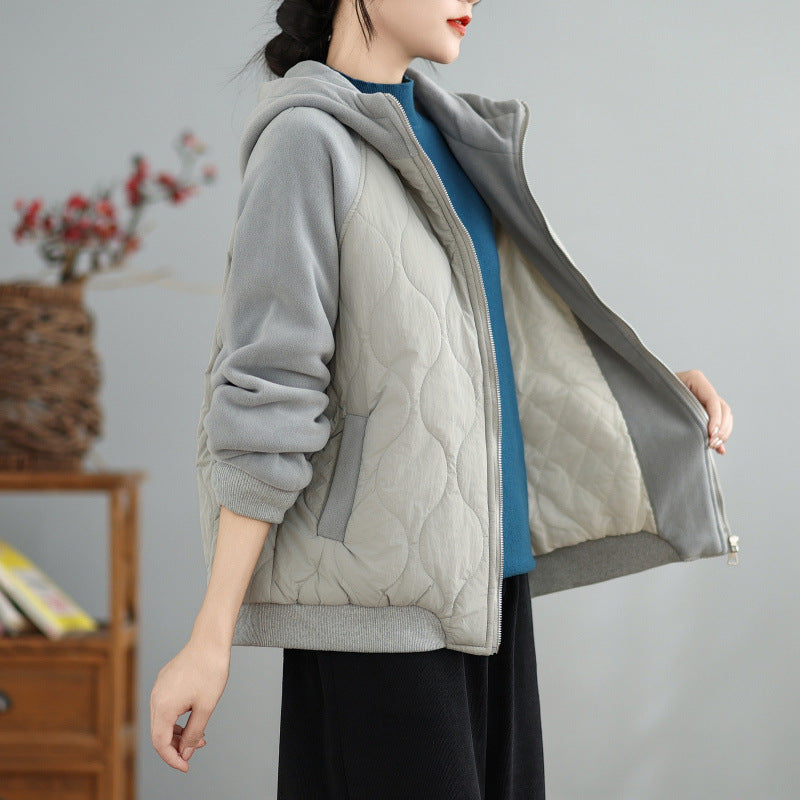 Real shot 2025 autumn and winter new casual simple Korean version thickened warm hooded splicing short jacket women's clothing