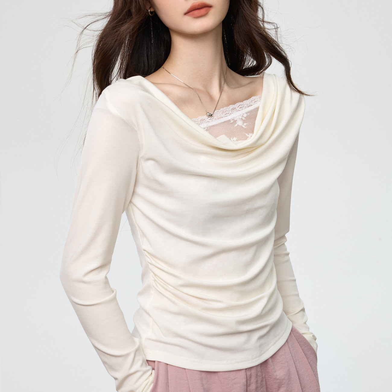 Tencel Lyocell, swinging neck splicing lace fake two-piece long-sleeved t-shirt women's slim pleated early autumn top
