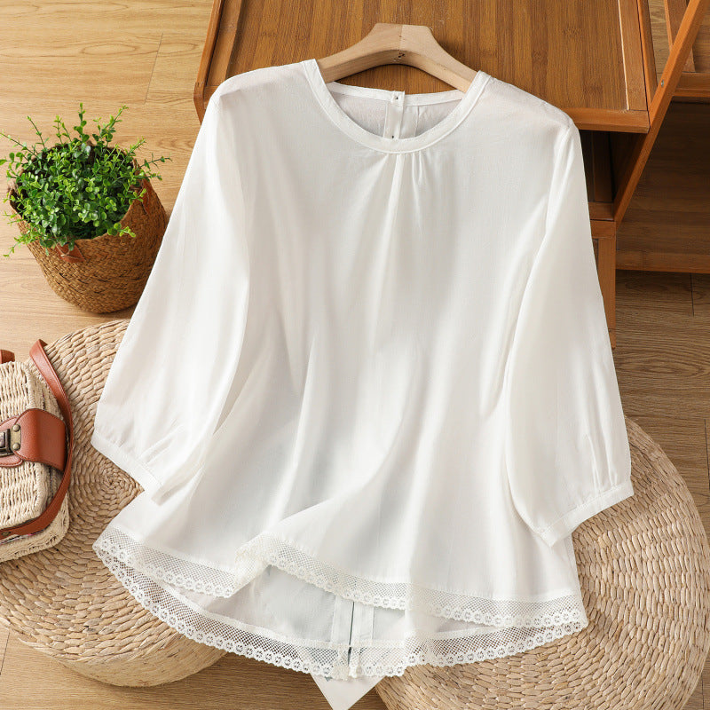Summer 2025 new cotton and linen literary and retro splicing lace hem shirt top women