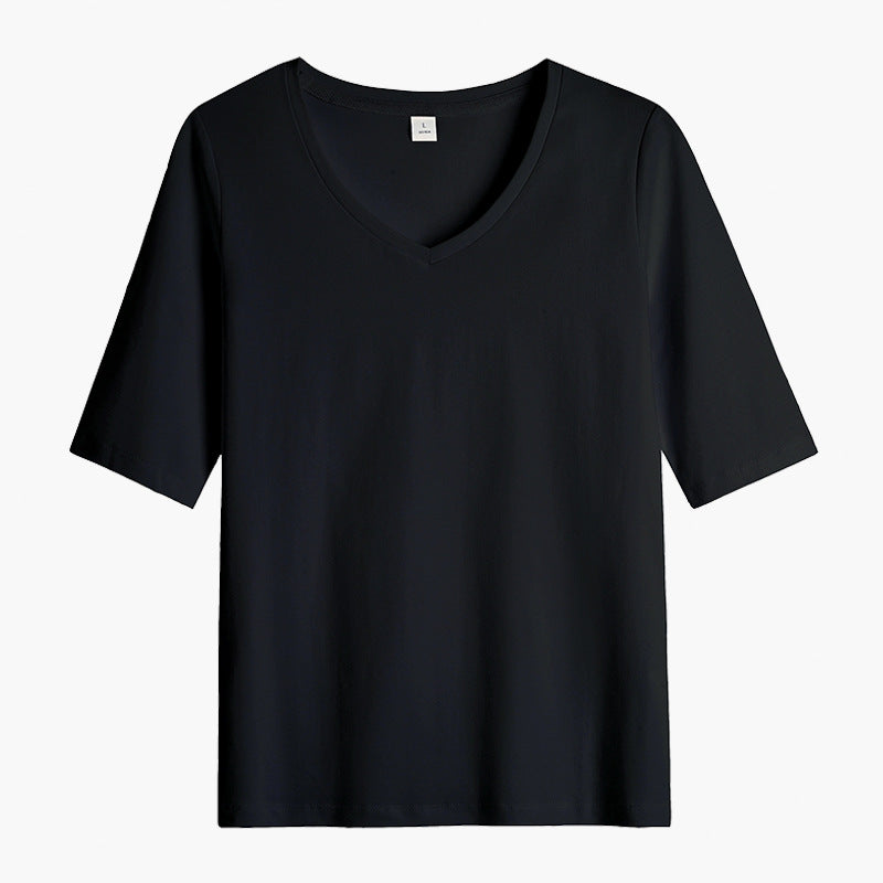 White cotton semi-turtleneck five-quarter-sleeved T-shirt women's medium-sleeved belly-covering bottoming shirt slim-fitting top temperament commuting