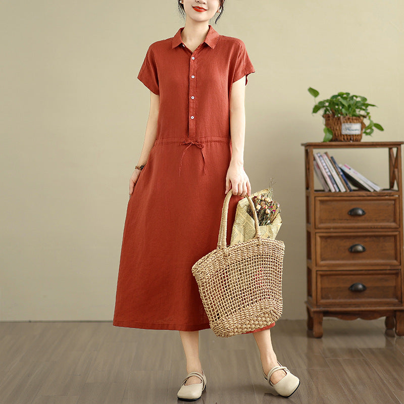 Real shot 2025 summer new cotton and linen shirt dress short sleeve lapel simple commuter shirt skirt women's clothing