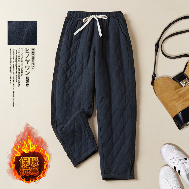 Real shot 2025 winter new retro rhombus padded cotton elastic waist warm Harlan pants casual thickened cotton pants women