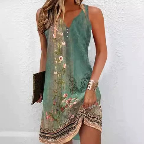 2025 European and American women's clothing Amazon flower button casual style A-shaped skirt sleeveless V-neck dress three-dimensional pattern