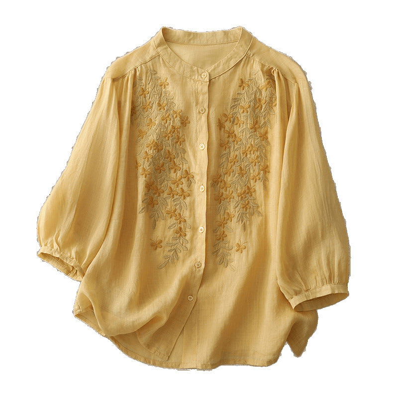 Real shot 2025 summer new cotton and linen ethnic style embroidered shirt single-breasted cardigan top women