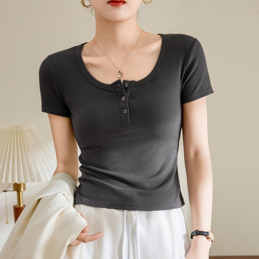 [Use good materials] High-waisted short T-shirt women's summer 2026 new button-up U-neck short-sleeved top threaded cotton bottoming shirt