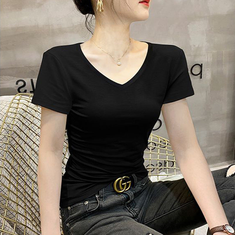 Dark gray Modal V-neck short-sleeved t-shirt women's summer slim top thin ice silk bottoming versatile half-sleeve t-shirt