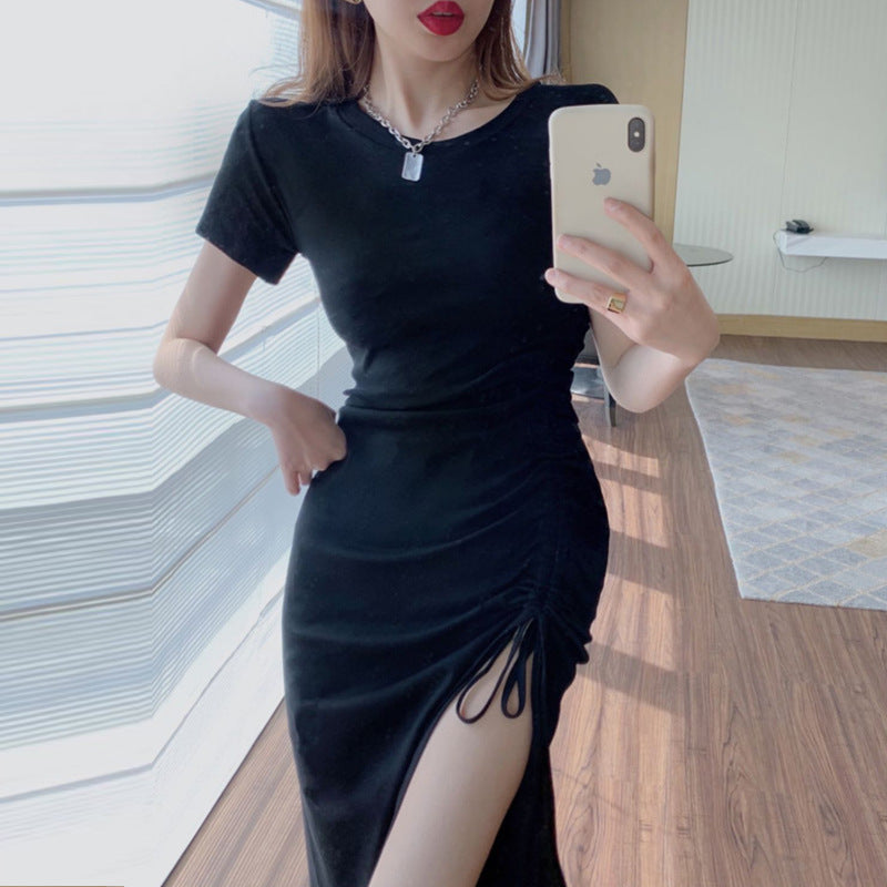 High-quality pure cotton dress women's summer drawstring short-sleeved sexy slit dress slim and thin medium and long knee skirt