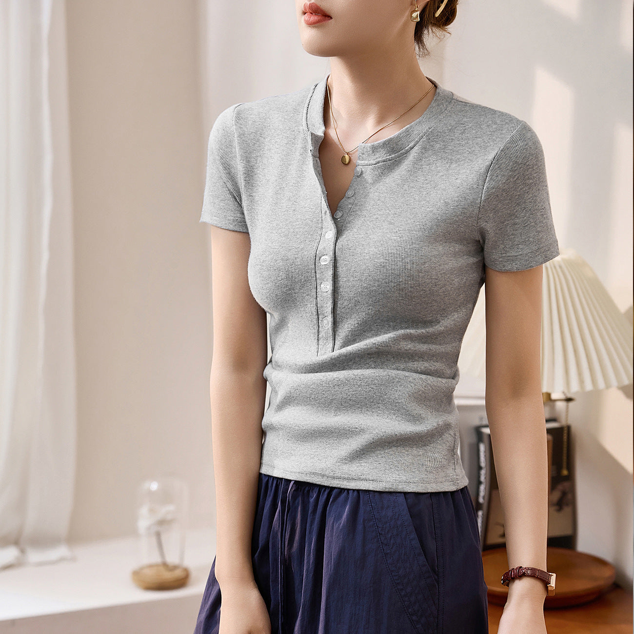 #260G Youkes, Zhen Quality #Henry Neck Button T-Shirt Women's Short Sleeve Temperament Versatile Slim Shoulder Top