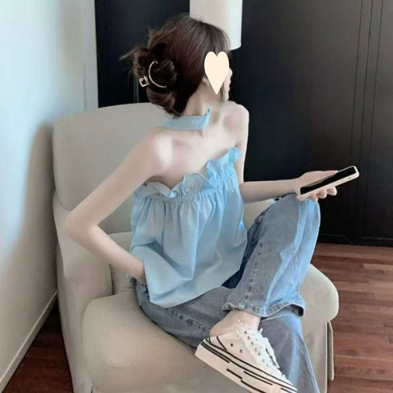 One-word shoulder top, high-end women's 2025 summer new design, niche fungus edge sling vest women's outer wear