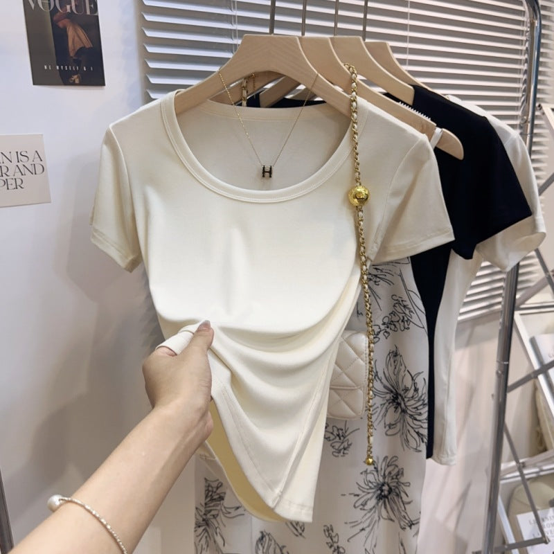 Water Drop U-Neck Summer Dopamine Wear Front Shoulder Ice Silk Short Sleeve T-Shirt Spice Girl Niche Threaded Bottom Shirt Top