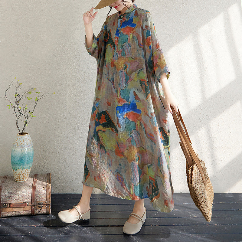 Real shot 2025 summer new literary large size loose printing stand-up collar seven-quarter sleeve dress women's long dress 2229
