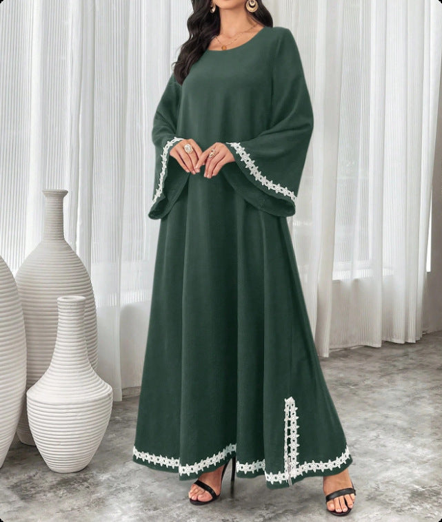 2025 AliExpress Amazon Middle East Dubai Hot Sale Splicing White Lace Crew Neck Slits Dress