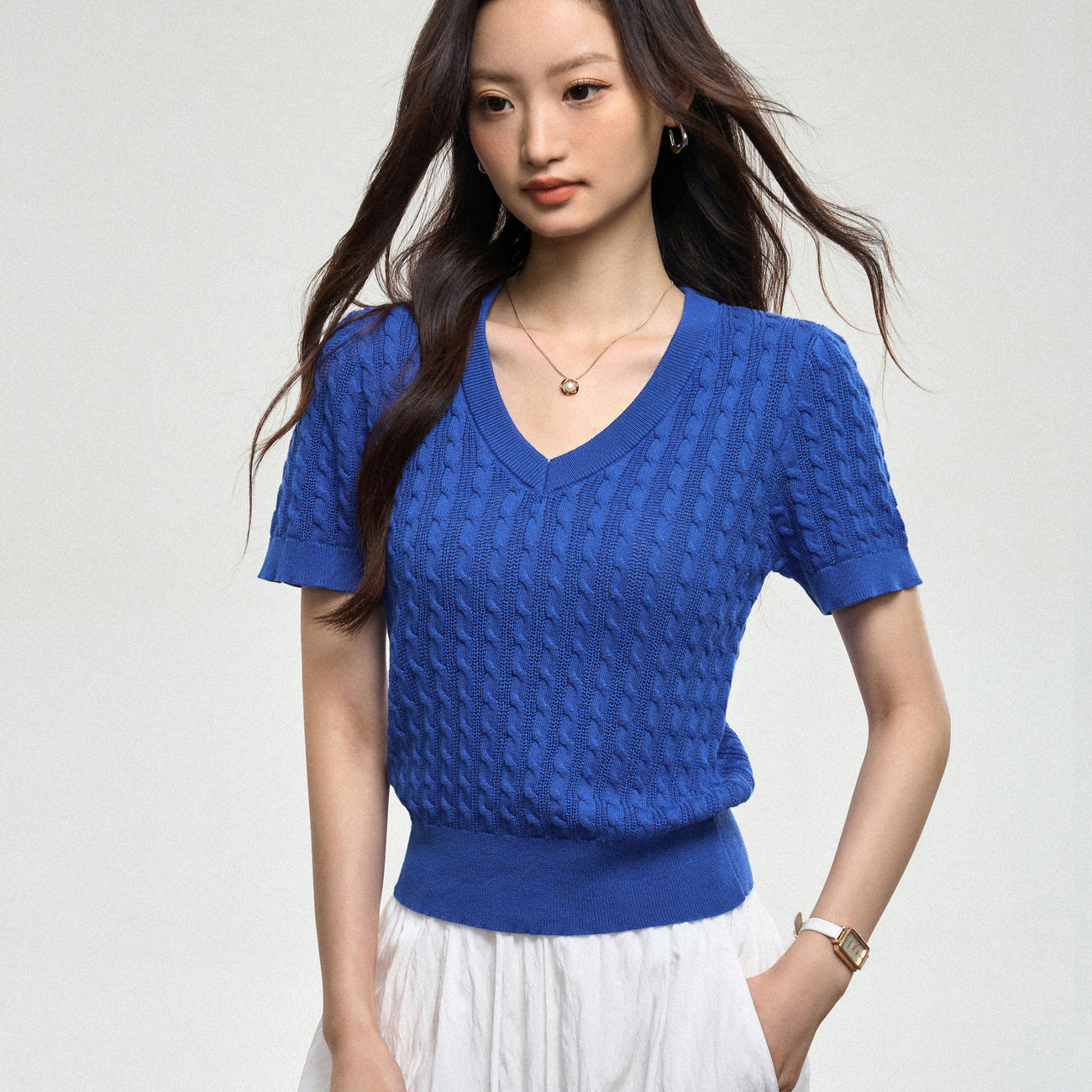 100% cotton and linen knitted sweater V-neck women's summer 2026 new Korean simple loose versatile and thin short-sleeved top