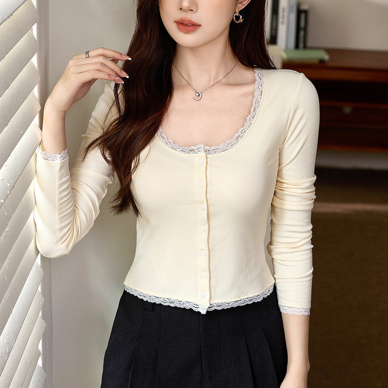 #Ingenuity Premium Product #Thin Velvet Design Button Lace T-Shirt Women's Long Sleeve Autumn New Short Top