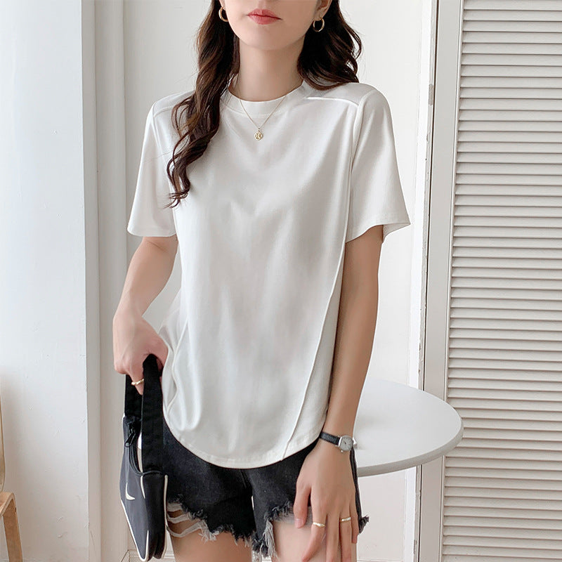Short-sleeved T-shirt women's hem curved Roman Tencel fish bone half-sleeved ice silk top loose summer stomach cover t-shirt