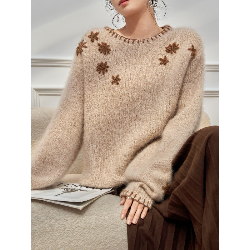 [JOMI STUDIO] Camel flower embroidered soft waxy knitted sweater autumn and winter lazy high-end sense