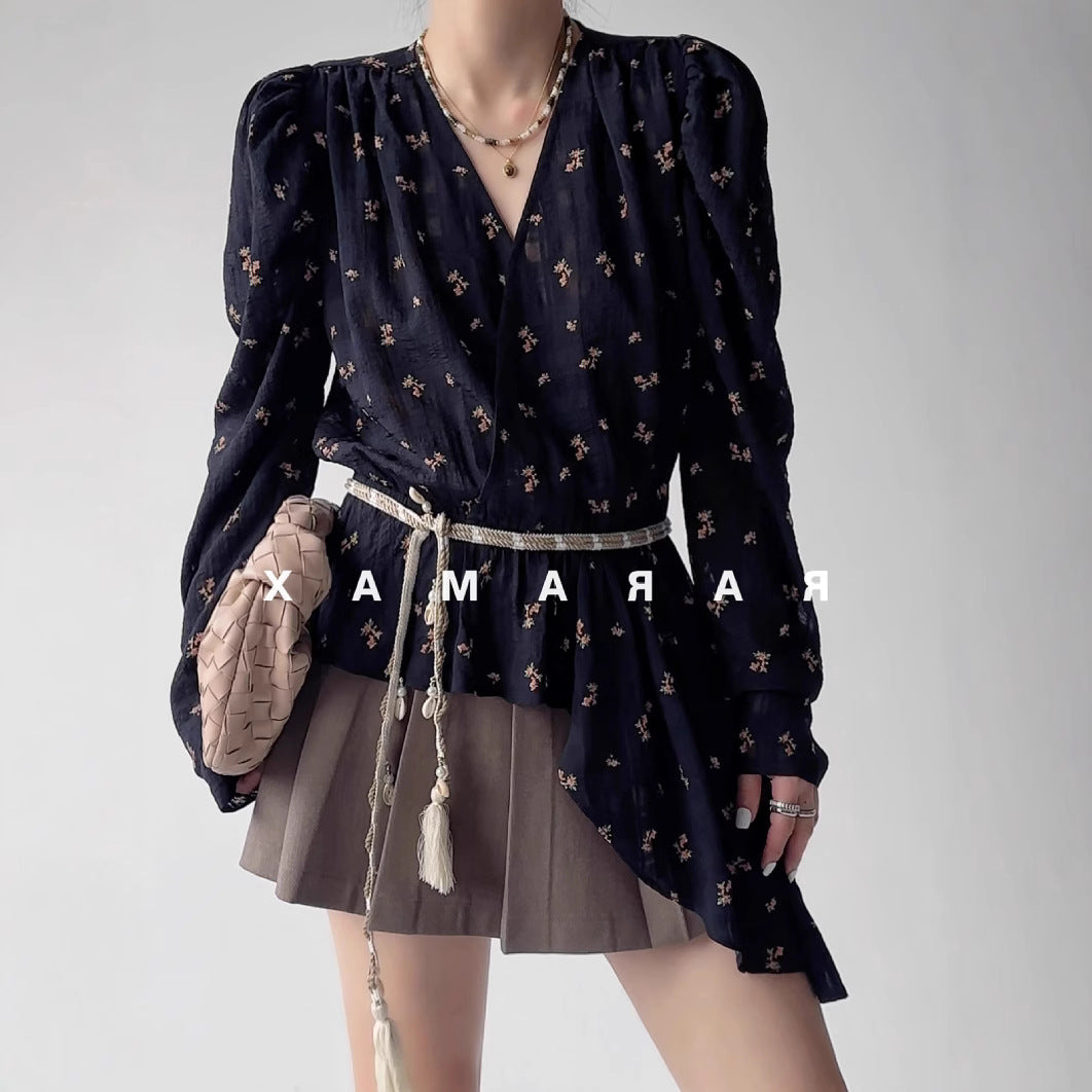 New BohoChic'yarn hemp 'silk, court bubble sleeves, printed chiffon shirt