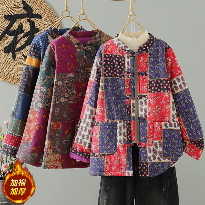 Printed new Chinese style floral cotton clothes women's 2025 new winter buckle cotton jacket