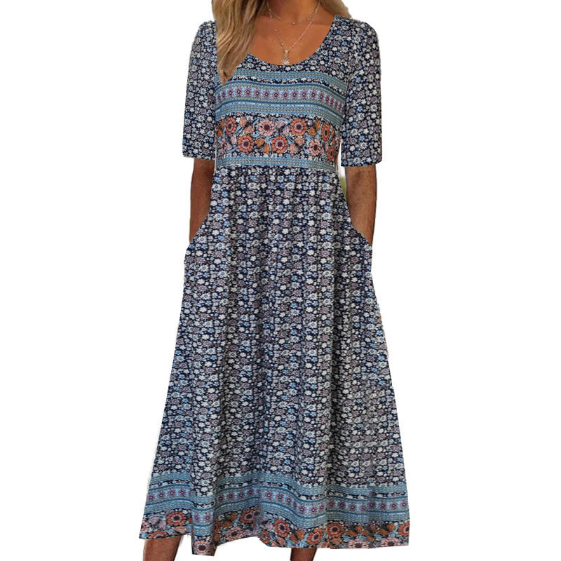 2025 Europe, America, Amazon summer new women's round neck short-sleeved long dress bohemian print dress women