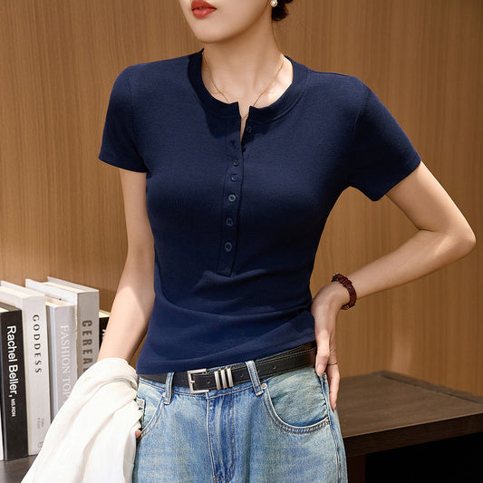 #260G Youkes, Zhen Quality #Henry Neck Button T-Shirt Women's Short Sleeve Temperament Versatile Slim Shoulder Top
