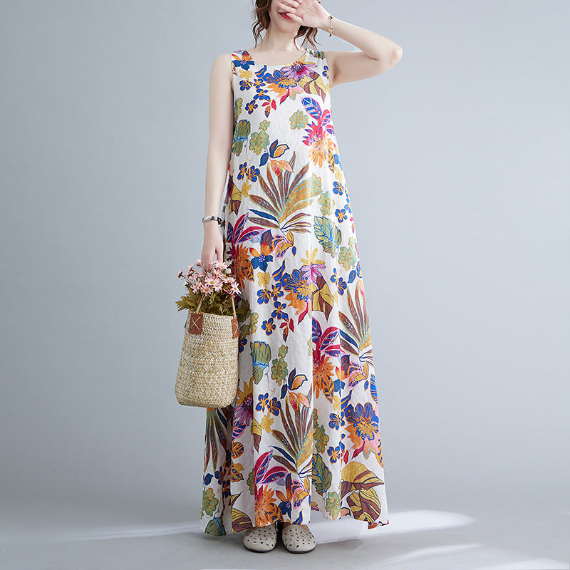 Real shot 2025 summer new literary loose printing sleeveless cotton and linen dress women's vest suspender skirt 9608 #