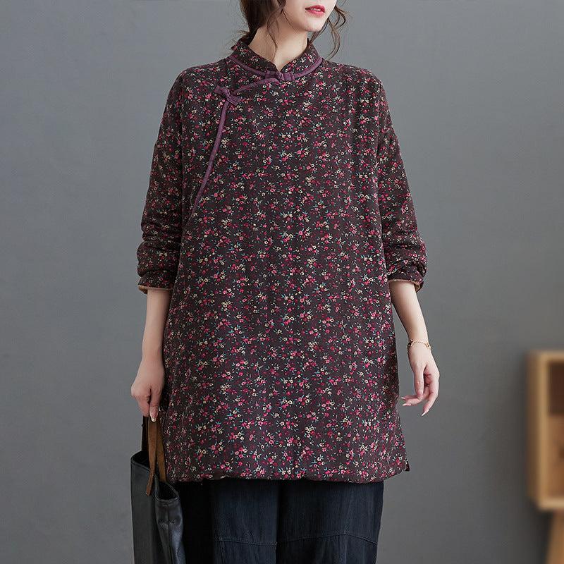 Real shot in the winter of 2025, new floral padded cotton, thickened disc buckle, retro and improved medium and long padded jacket.