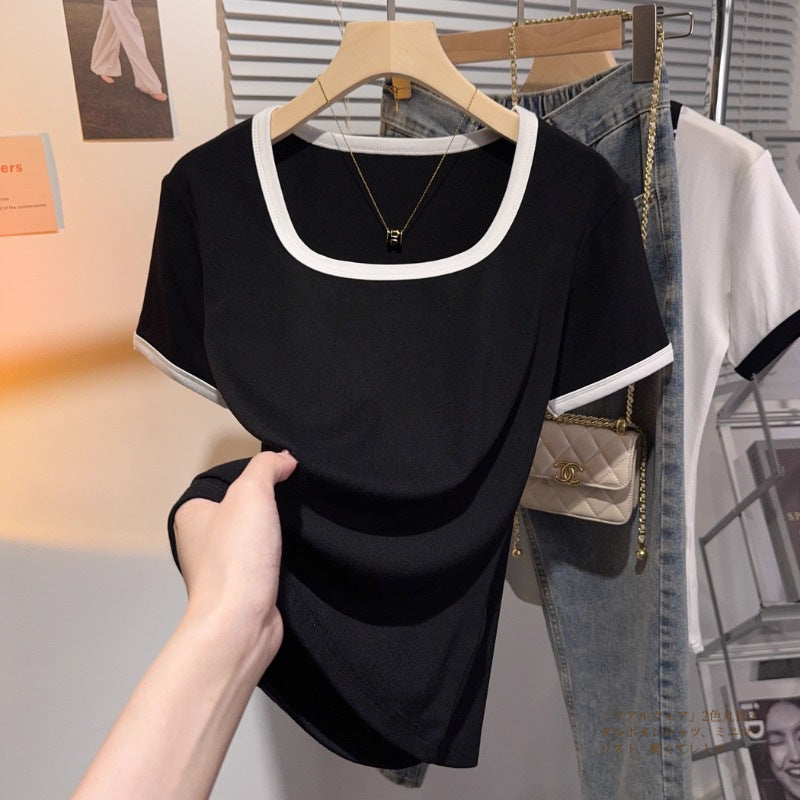 Black square neck contrasting color versatile slim-fitting short-sleeved T-shirt women's summer new hem curved thin top bottoming shirt
