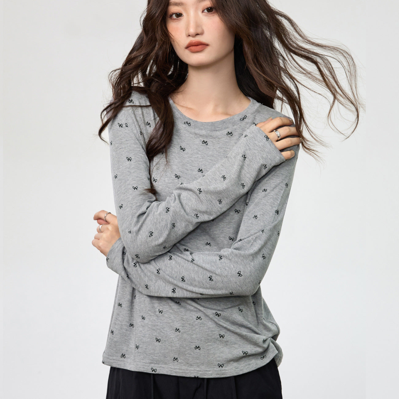 180G Tencel Lyocell cotton wool, fried soft waxy skin-friendly loose lazy printed T-shirt women's long-sleeved early autumn top