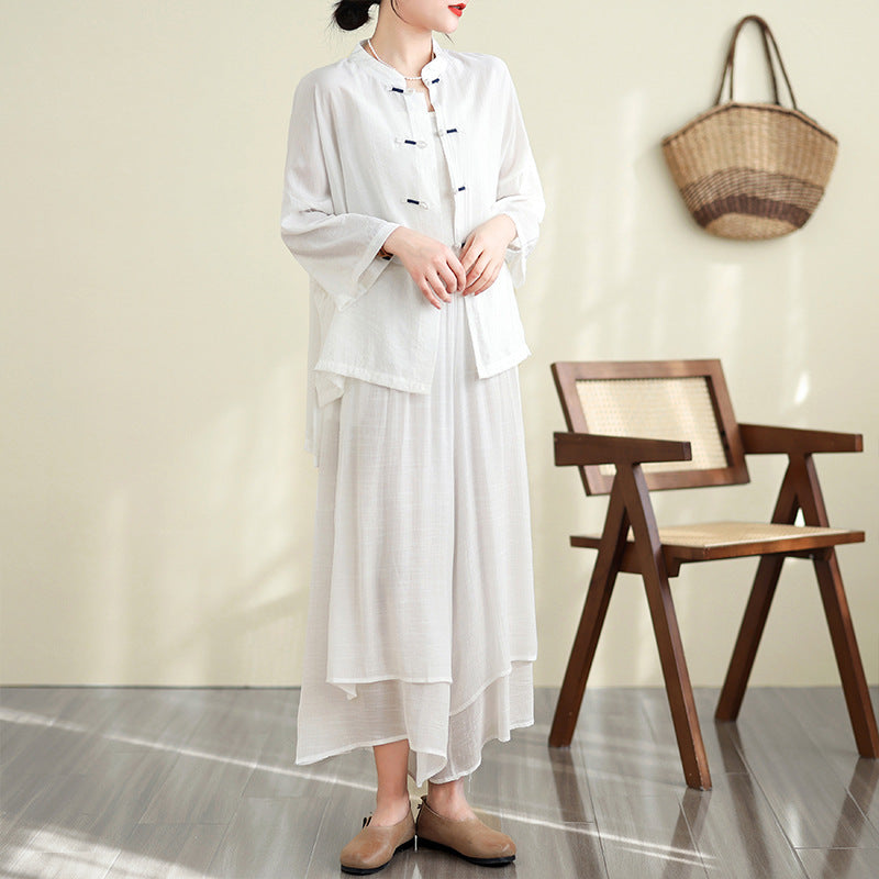 Real shot summer top women's 2025 new Chinese retro disc buckle tea clothes sunscreen air conditioner shirt set