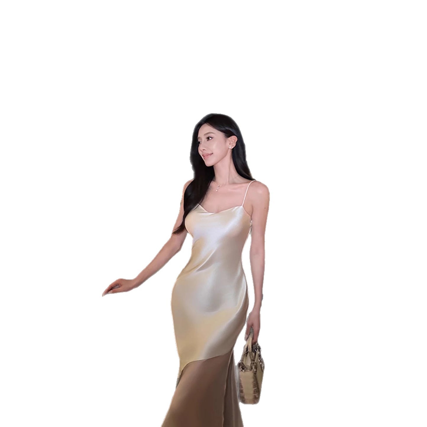 Haute couture imported acetic acid advanced sense splicing tulle suspender long skirt slim temperament Muse seaside vacation fishtail skirt