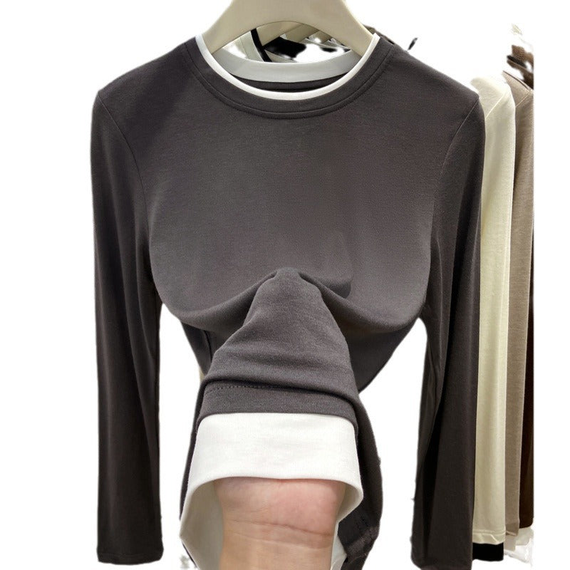 ins high elastic fake two long-sleeved t-shirt bottoming shirt women's autumn and winter new stacked wear contrasting color front shoulder top T-shirt