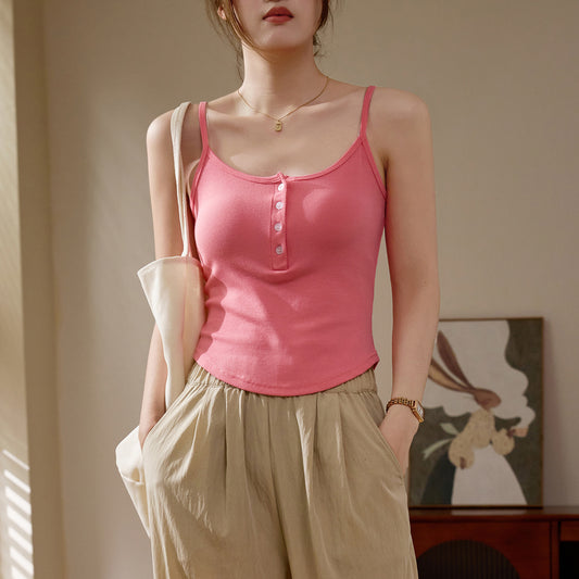 [Selection of high elastic cotton] Button sling small vest for women's summer outer wear 2026 new inner short bottoming top