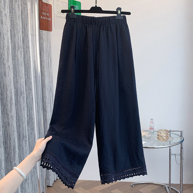Real shot 2025 autumn new cotton and linen elastic waist casual pants women's silk lace loose straight wide-leg pants nine-point pants